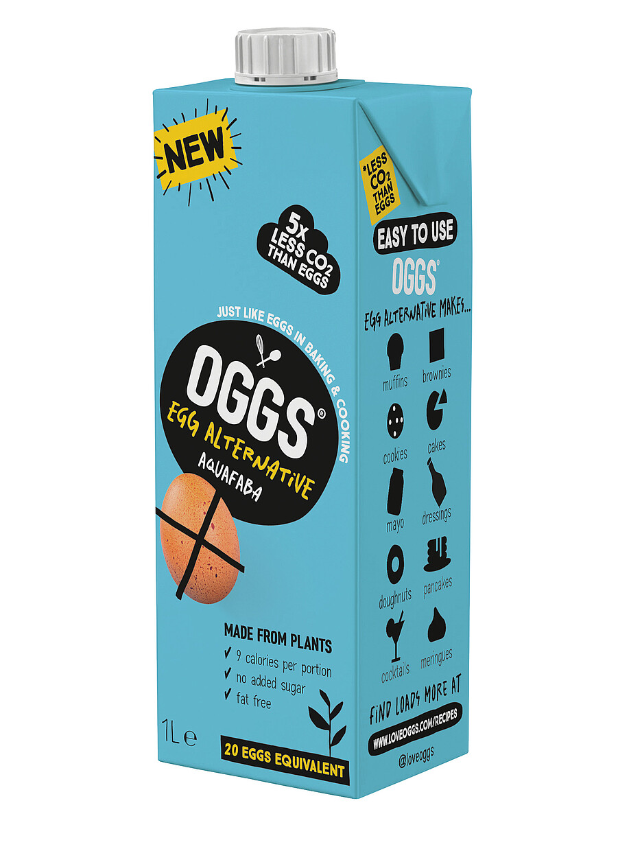 Der flüssige Ei-Ersatz von OGGS ist in zwei Grössen erhältlich – in einer 200-ml- und in einer Ein-Liter-Tetra-Pak-Einheit. Das geöffnete Produkt kann auch wieder eingefroren werden.