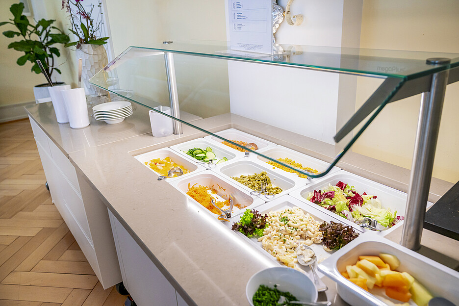 In der ersten Etage des Haus Singenberg findet sich ein zweites Ambiente-Salatbuffet von megaPlus, aber in einem anderen Design. Ein weiteres Ambiente-Buffet (hinten) enthält unter anderem die Soundanlage. Dank Rädern können beide Buffets flexibel verschoben werden.